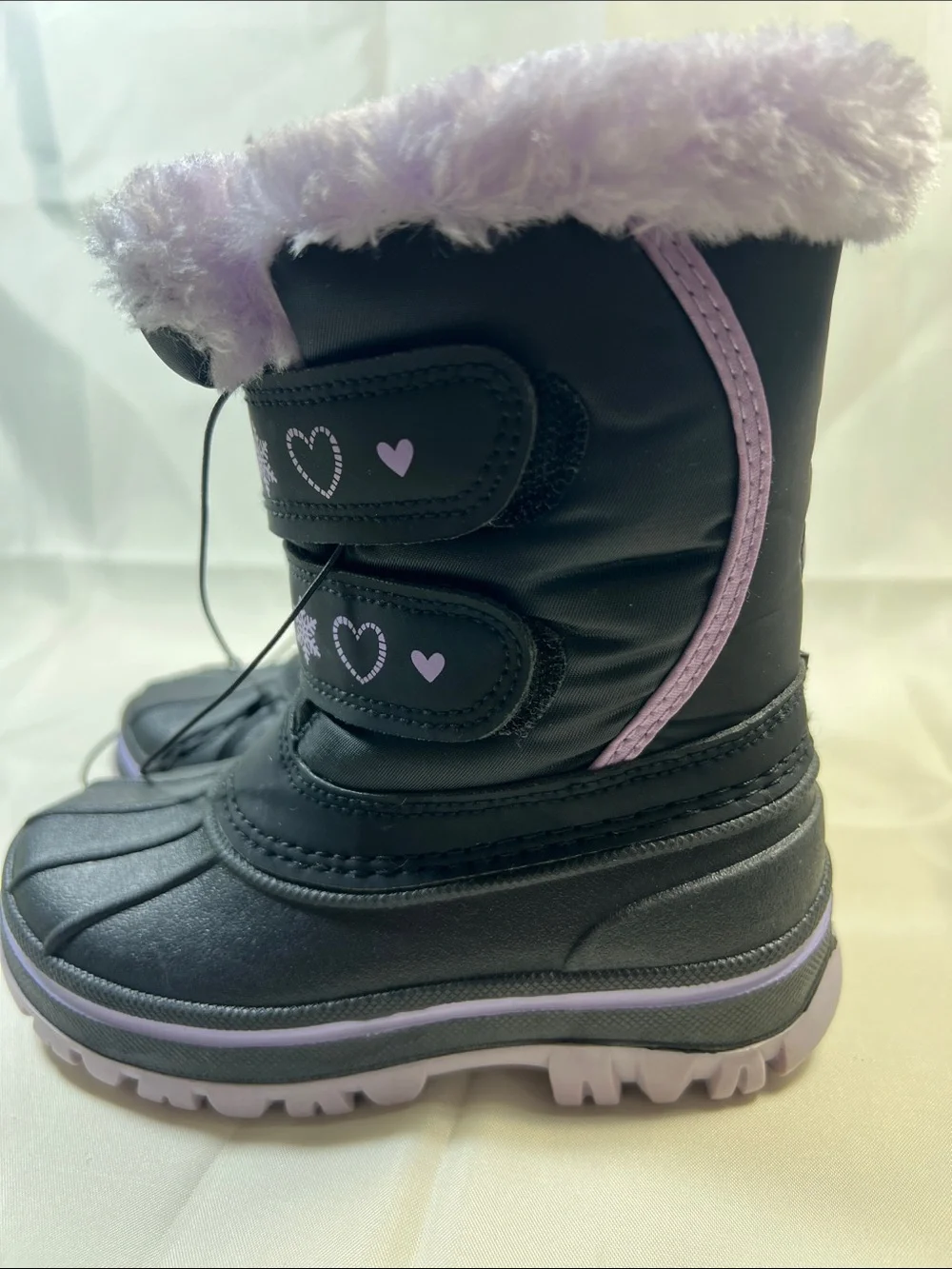 Kids Black & Lilac Snow Boots with Heart Accents